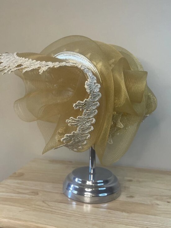 Ms Divine Metallic Gold Church Hat Lace Bow Elegant Derby Wedding Hat main image 4